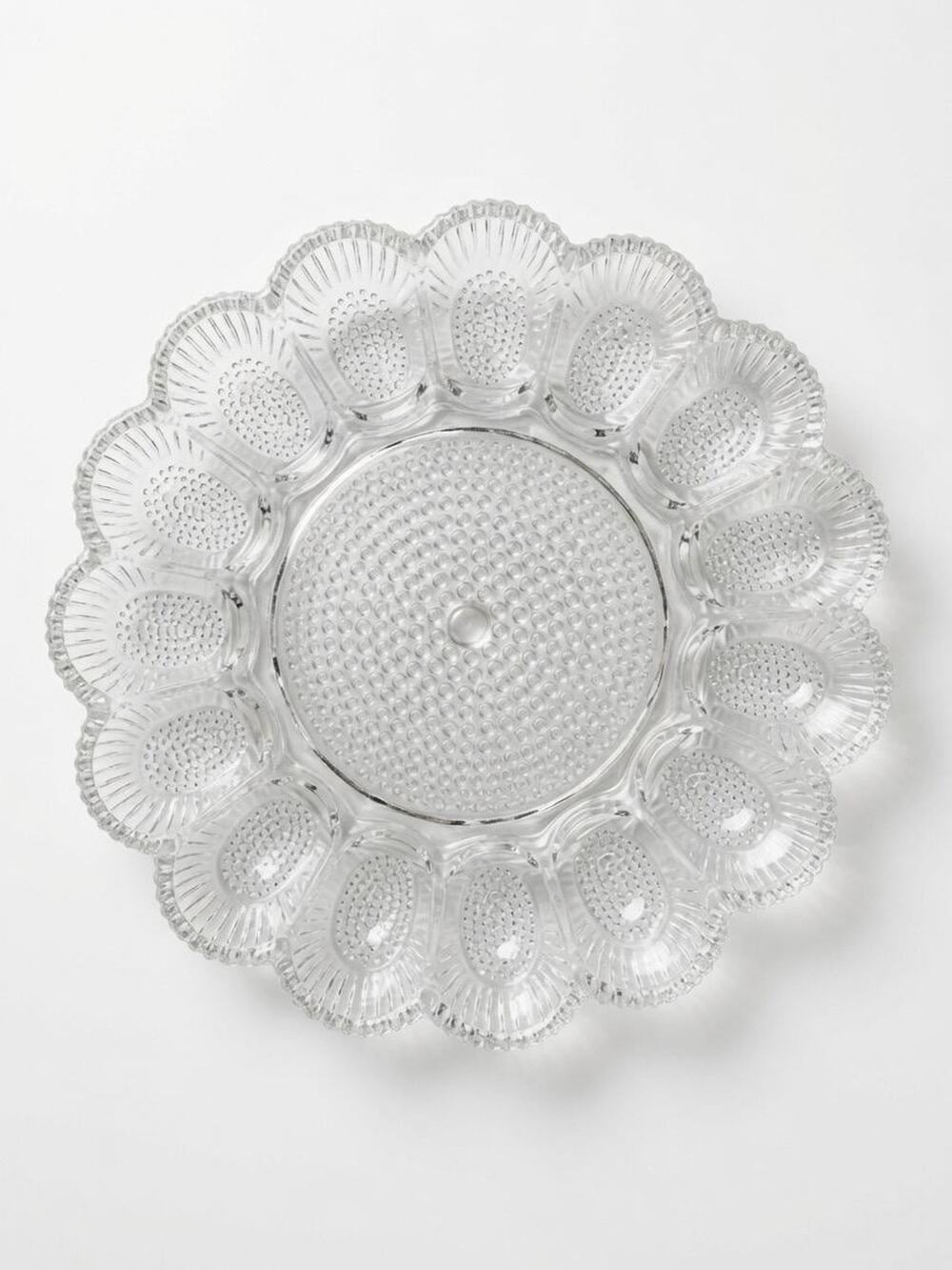 Vintage Pressed Glass Deviled Egg Plate Hobnail Fan Pattern Scalloped